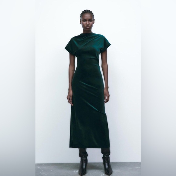 ZARA ~ Green Draped Velvet Dress - Picture 12 of 12